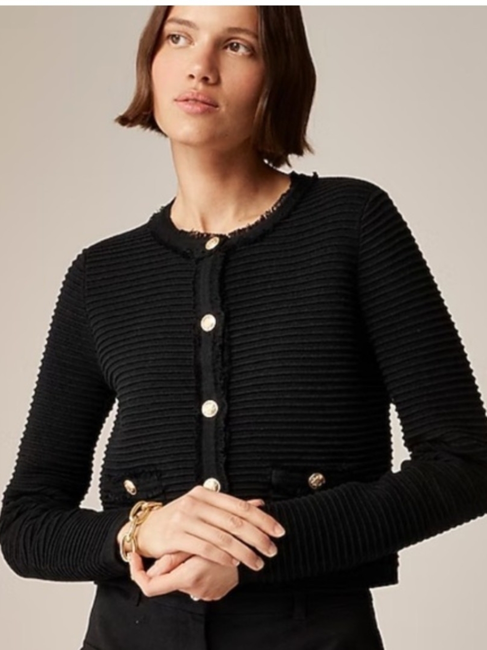 J Crew Emilie Black Ribbed Crewneck Button-Front Sweater - Size Medium